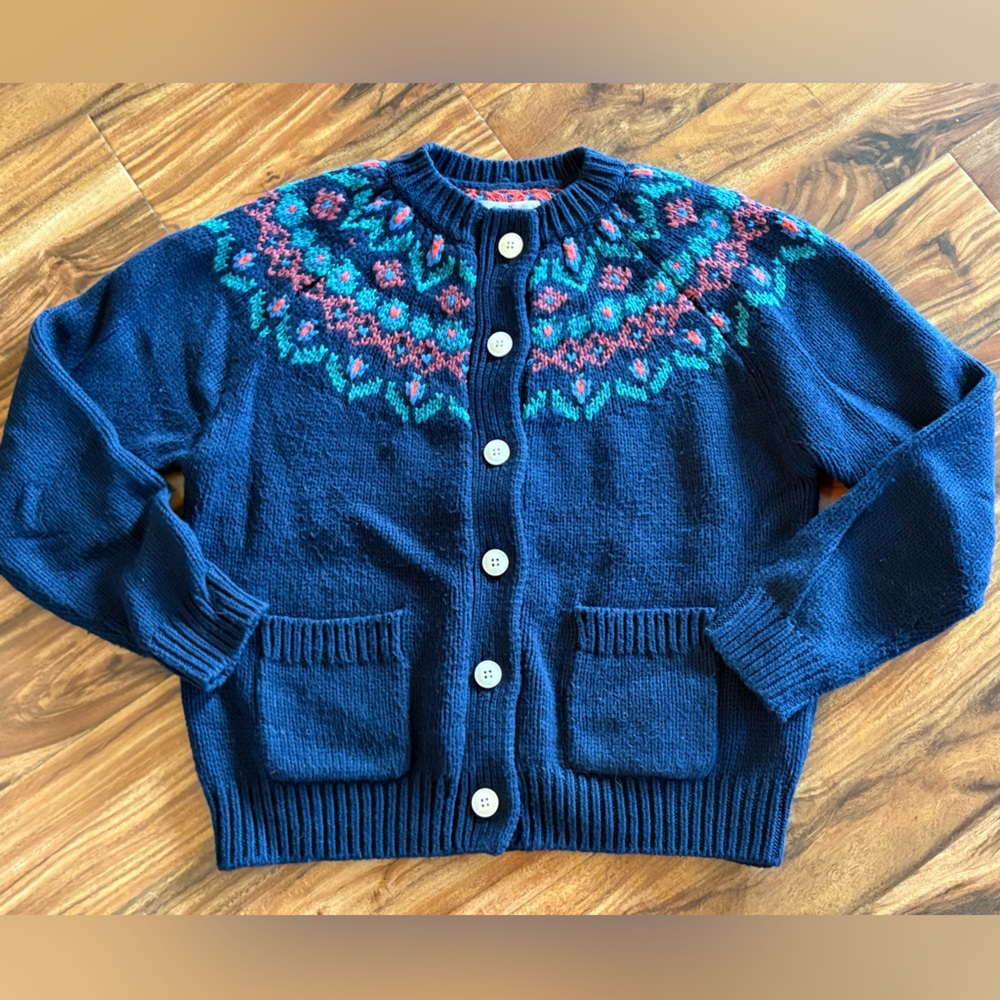 Trovata Birds Of Paradise Navy Blue Chunky Knit Fair Isle Cardigan Sweater Small